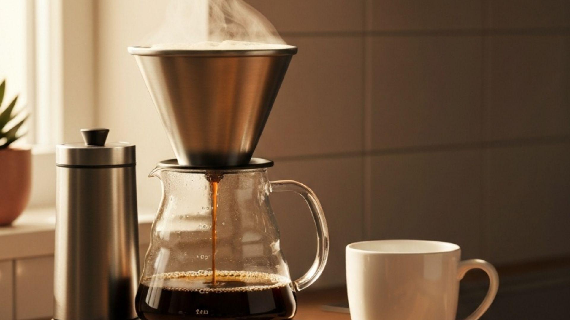 Filterkaffemaskine brygger frisk kaffe i glaskande i skandinavisk køkken med morgenlys