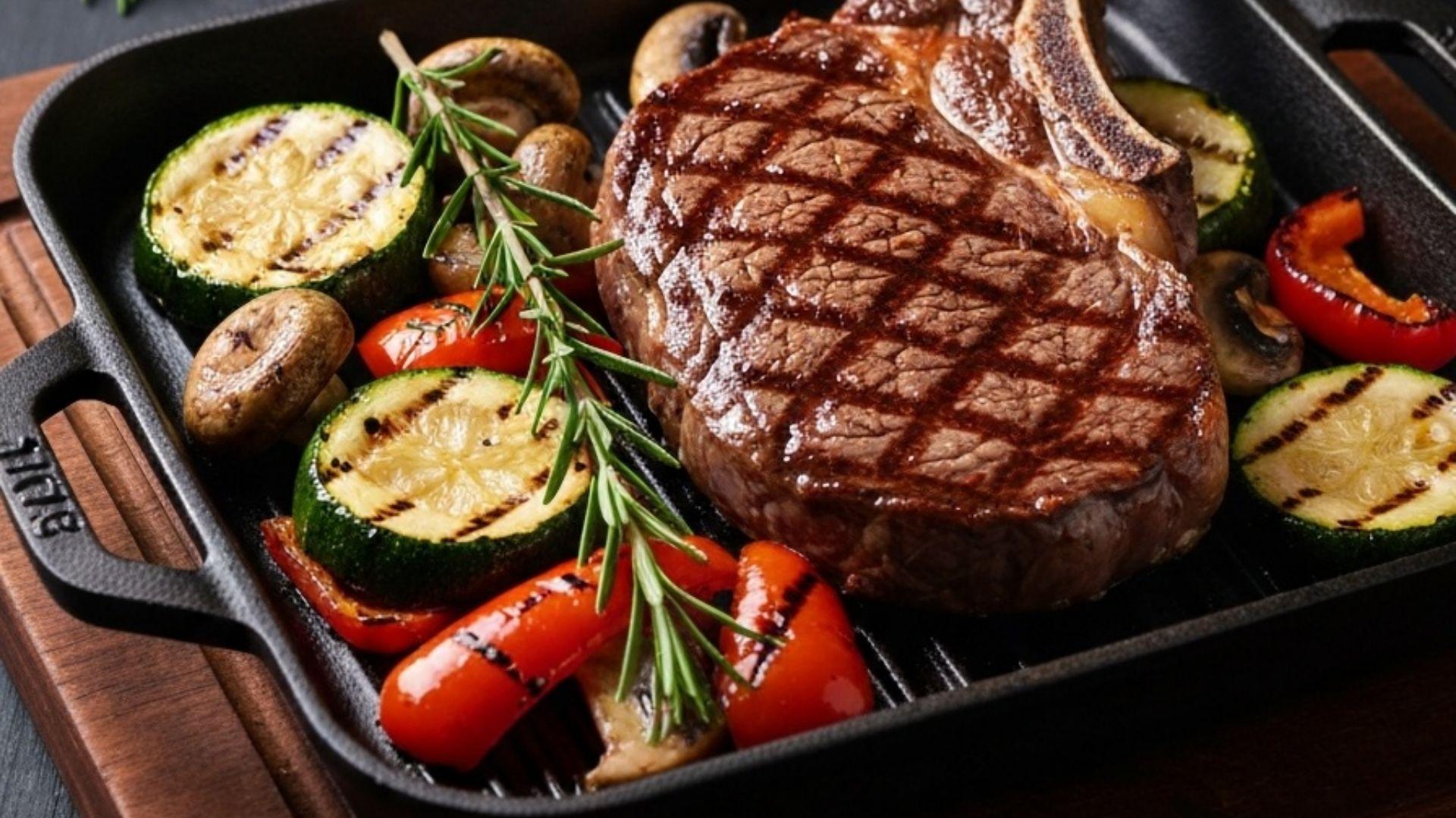 Støbejerns grillpande med perfekte grillstriber på en saftig ribeye bøf og grillede grønsager på et rustikt træbræt