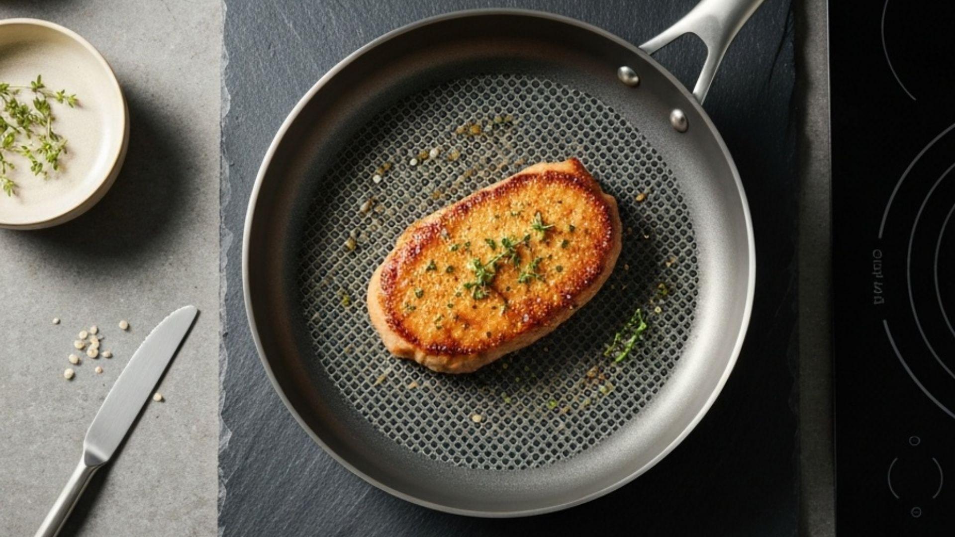 Moderne hybrid stegepande med mesh non-stick og tri-ply stålkonstruktion, der steger en gyldenbrun bøf med urter i et skandinavisk køkken