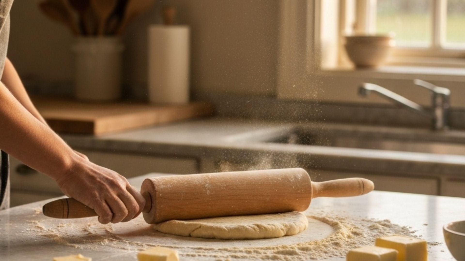 Forskellige kageruller i træ, silikone og med kuglelejer på et meldrysset bord
