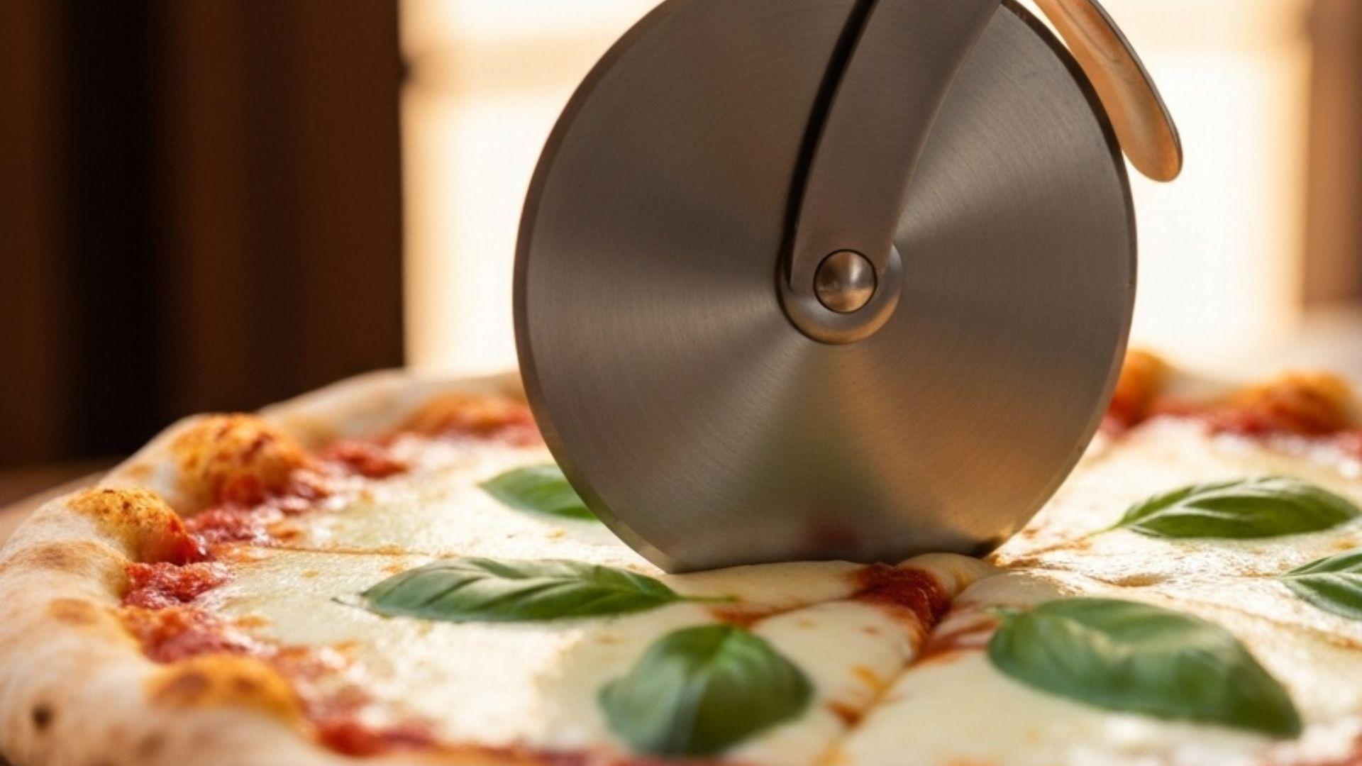 Pizzaskærer skærer gennem nybagt pizza med mozzarella og basilikum på rustikt træbræt