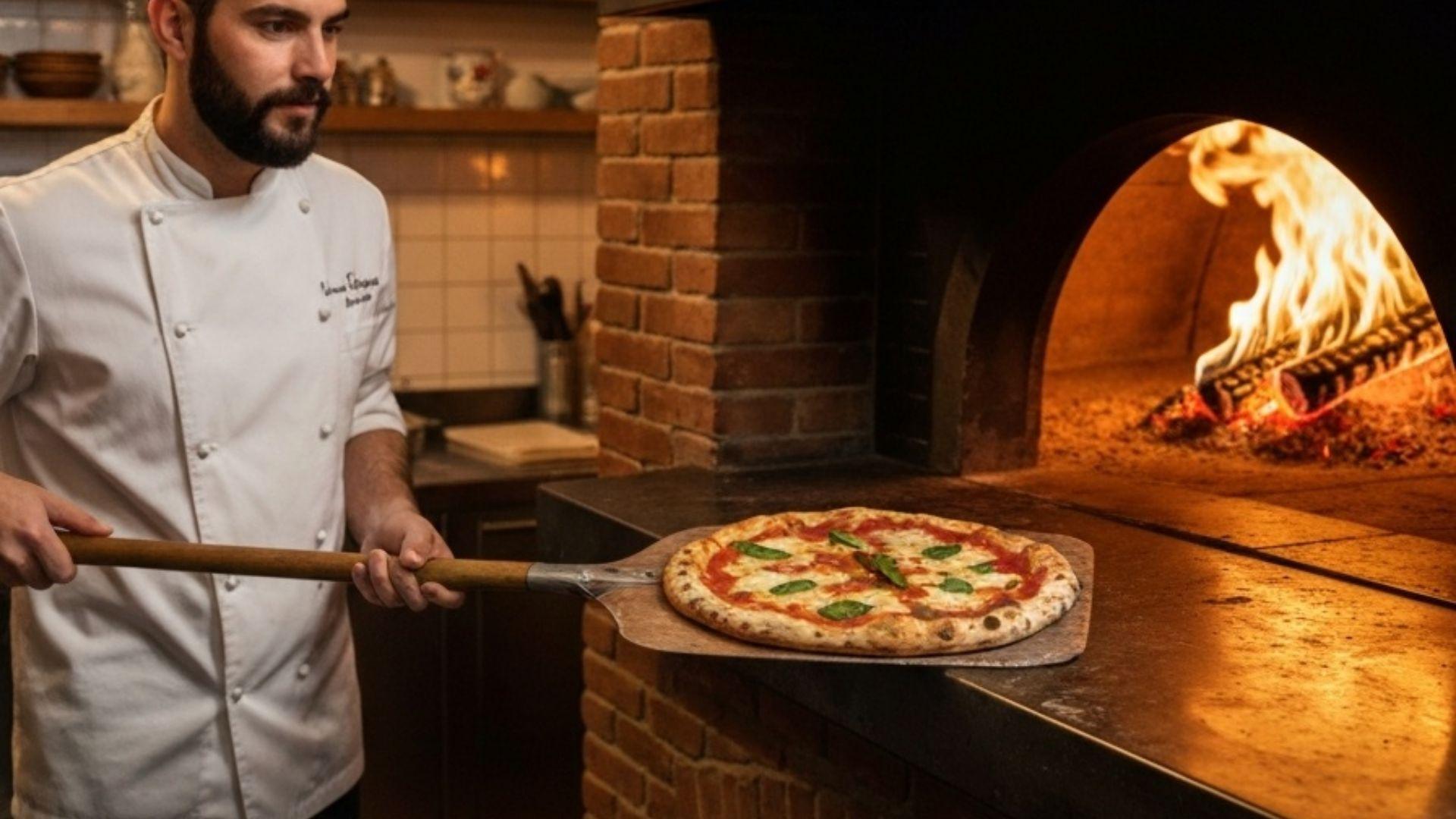 Kok trækker pizza ud af stenpizzaovn med trækpizzaspade