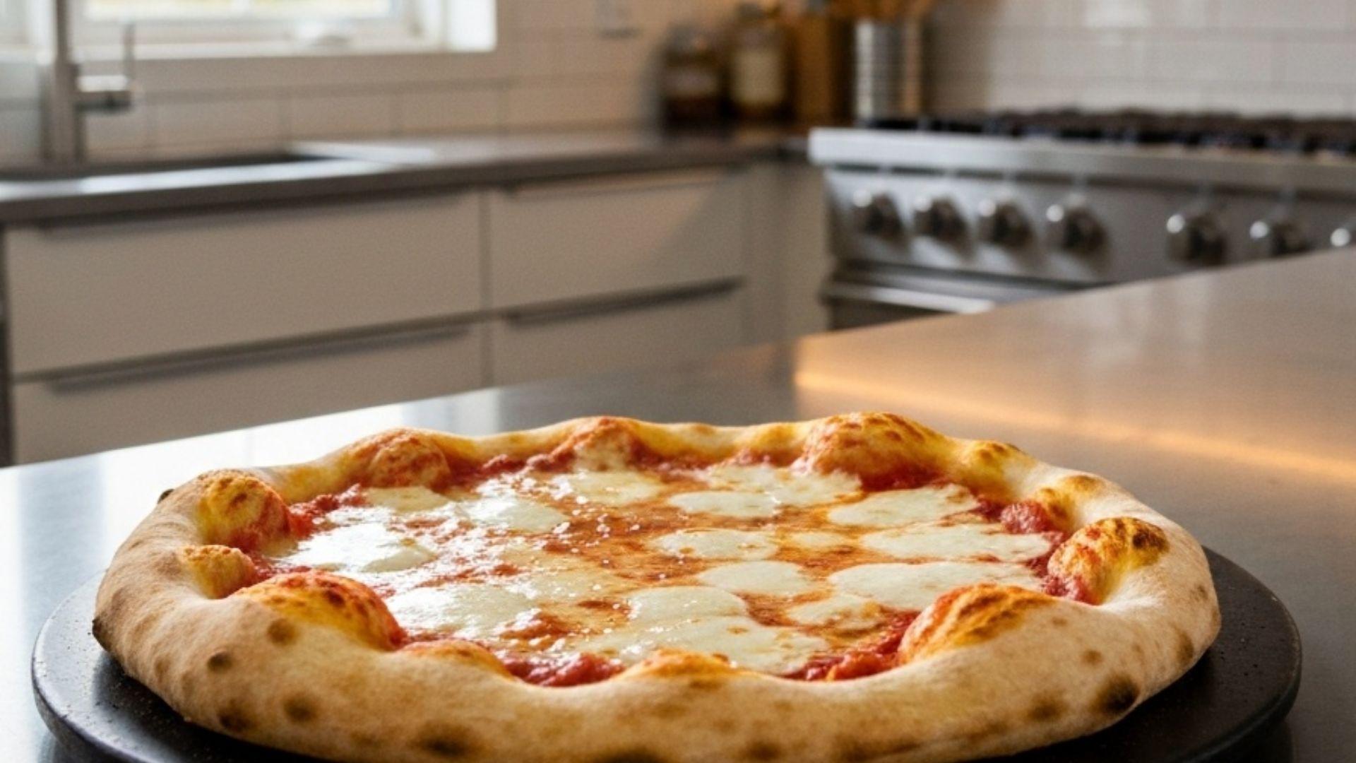 Friskbagt pizza på glødende pizzasten i rustik pizzaovn