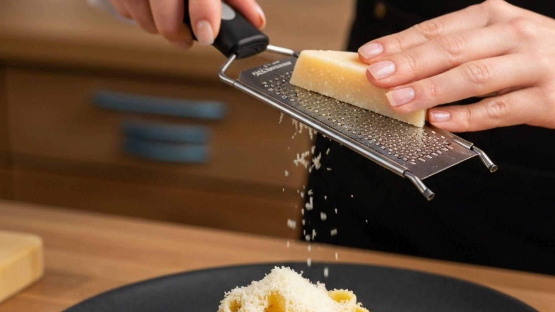 En kok river parmesanost med et rivejern over en tallerken med pasta på et varmt køkkenbord