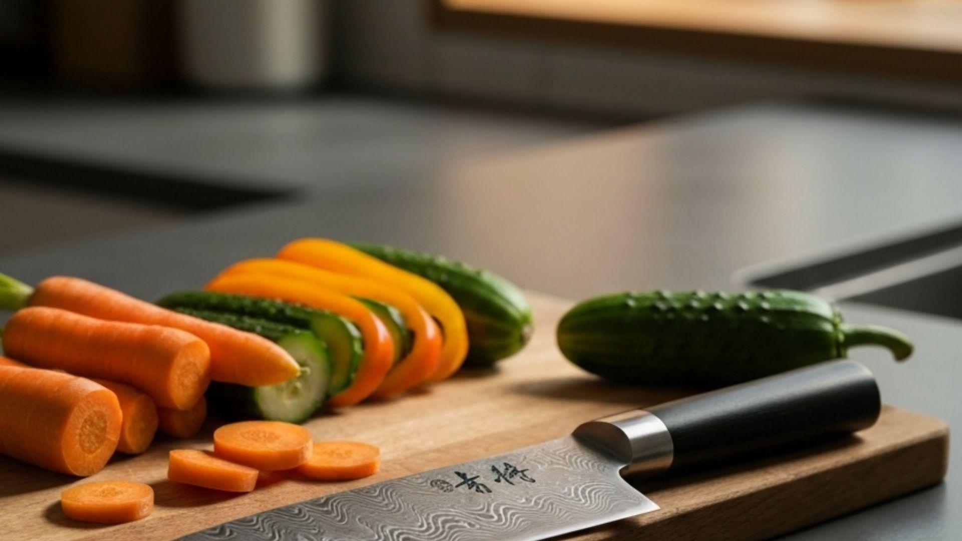 Japansk santoku kniv med damaskusstål-mønster på et træskærebræt med friskskåret grøntsager i et minimalistisk nordisk køkken