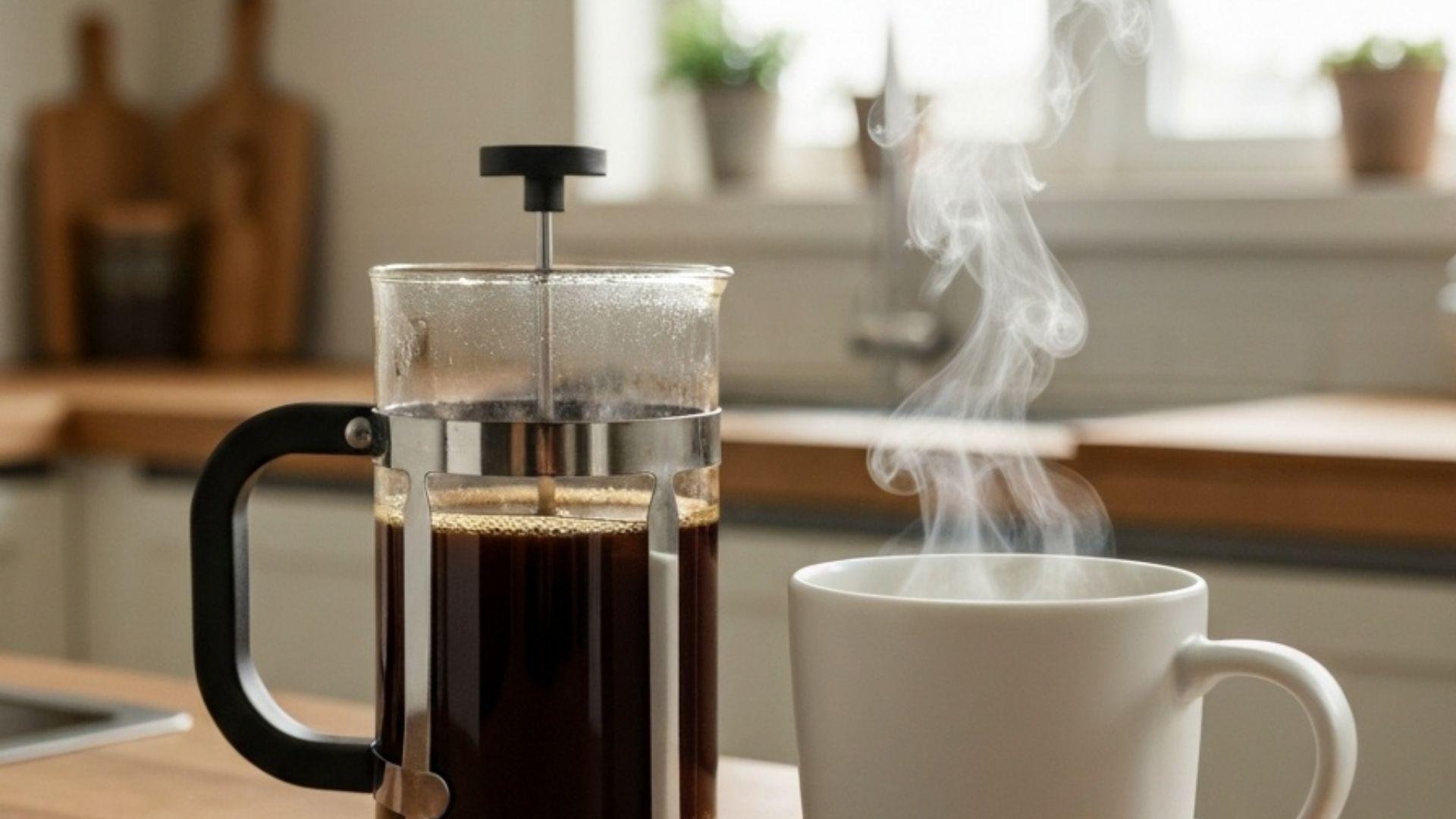 Stempelkande der brygger frisk kaffe med dampende kop ved siden af på et varmt, lyst køkkenbord