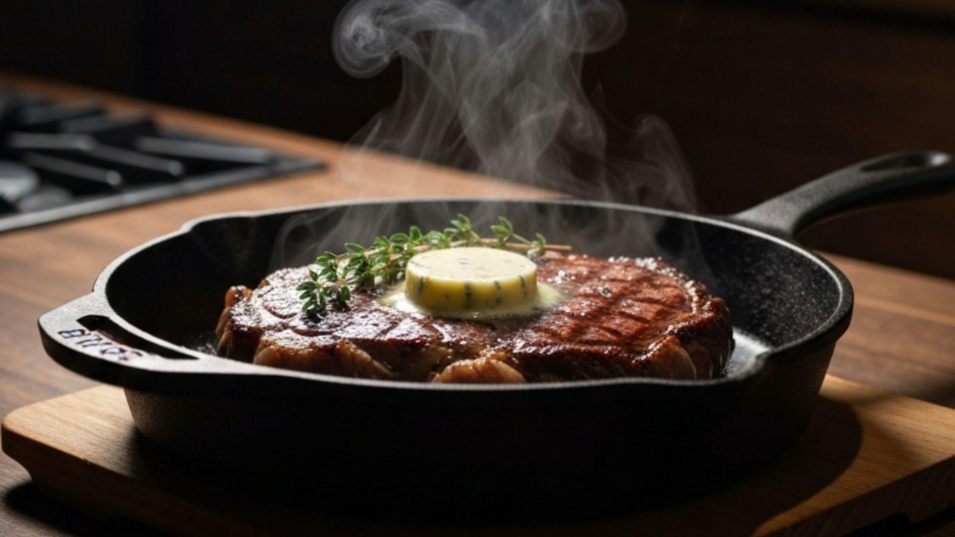 Sort støbejernspande med saftig steak og smør på mørkt køkkenbord