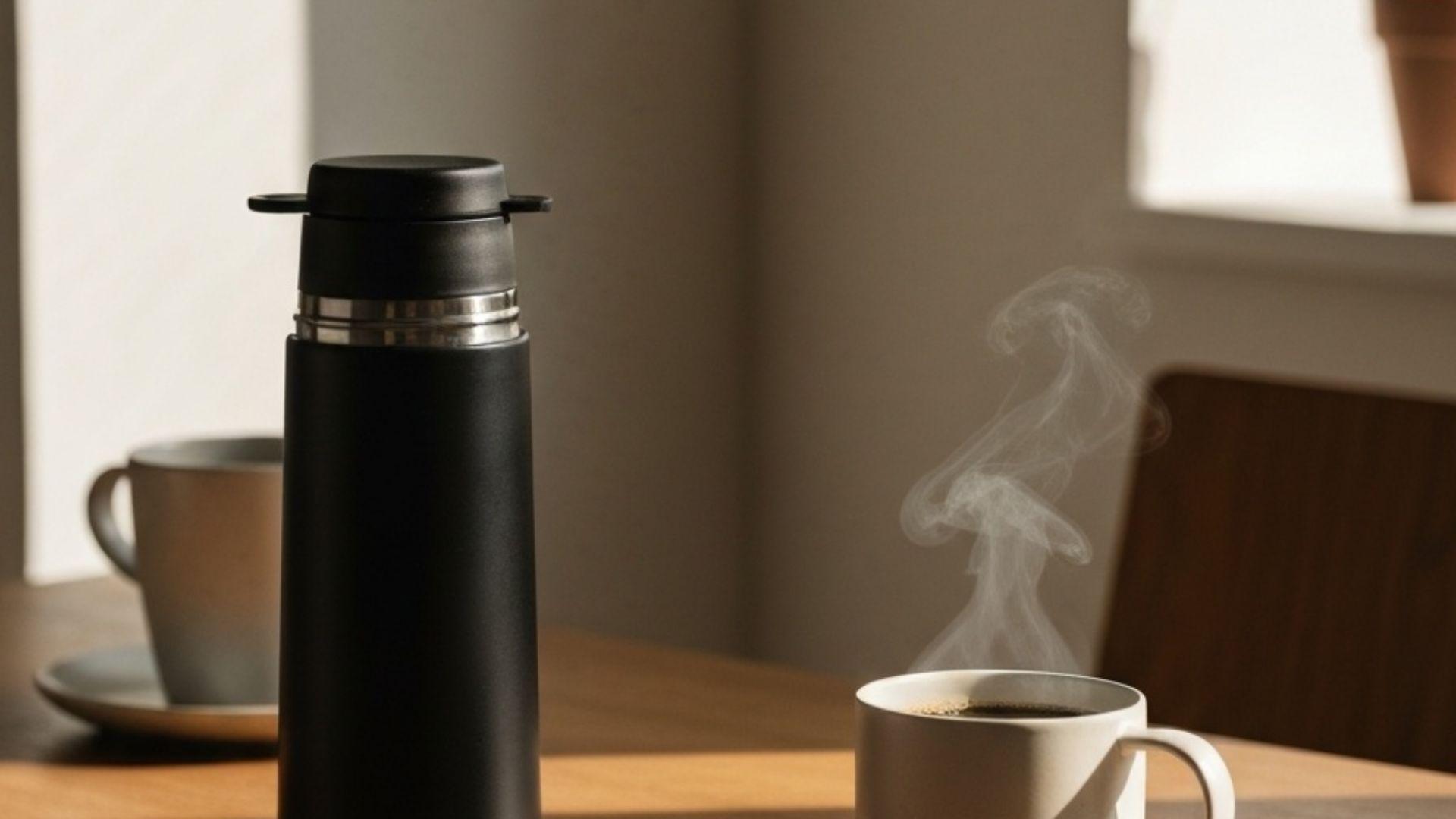 Moderne termokande med dampende kaffe på morgenbord