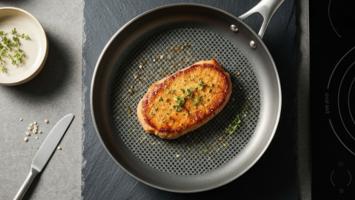 Moderne hybrid stegepande med mesh non-stick og tri-ply stålkonstruktion, der steger en gyldenbrun bøf med urter i et skandinavisk køkken