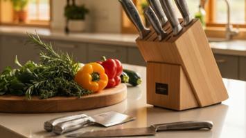 Elegant knivsæt med flere skarpe kokkeknive på et moderne skandinavisk køkkenbord