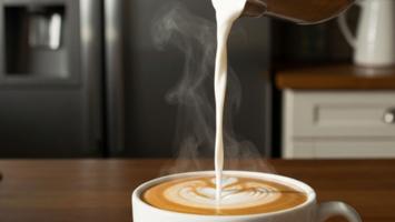 Tyk mælkeskum hældes i espresso til latte art i skandinavisk køkken