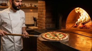 Kok trækker pizza ud af stenpizzaovn med trækpizzaspade