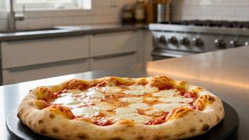 Friskbagt pizza på glødende pizzasten i rustik pizzaovn