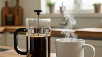 Stempelkande der brygger frisk kaffe med dampende kop ved siden af på et varmt, lyst køkkenbord