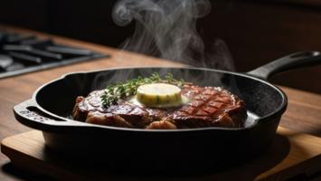 Sort støbejernspande med saftig steak og smør på mørkt køkkenbord