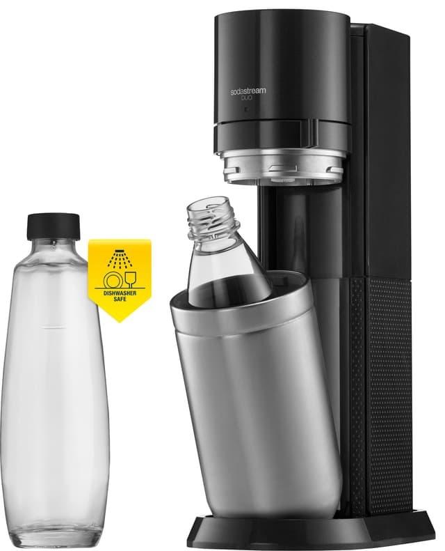 SodaStream Duo sodavandsmaskine i sort med glas- og plastflaske