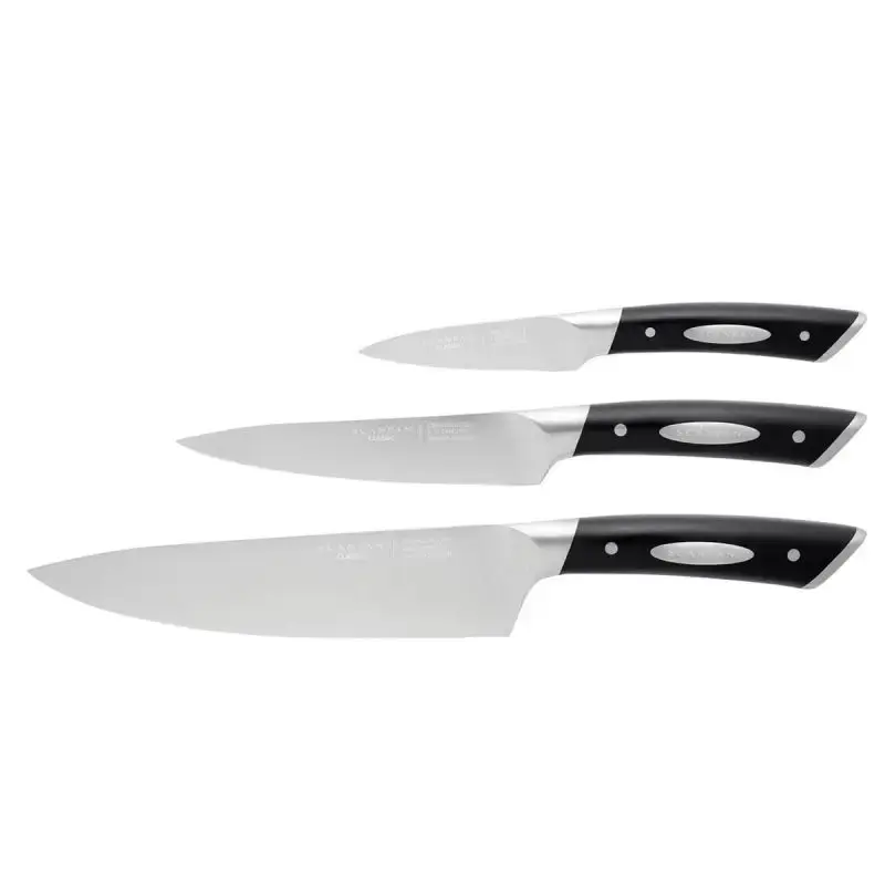 Scanpan Classic knivsæt med tre knive i mørkt håndtag