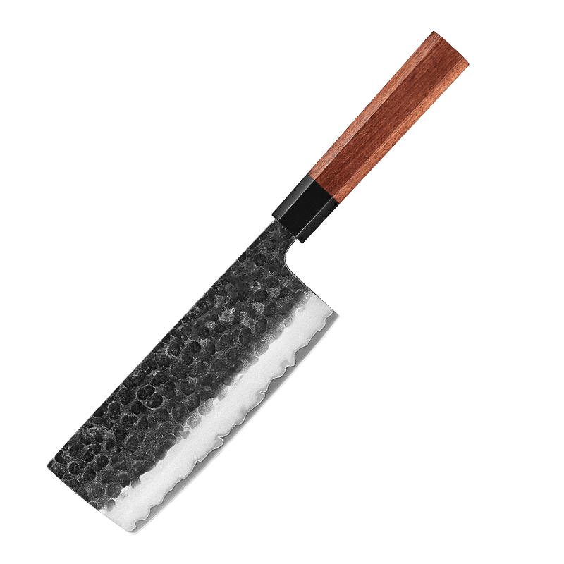 Tanuki Nakiri 170 mm japansk grøntsagskniv kurouchi sortsmedet tsuchime finish wa-skaft