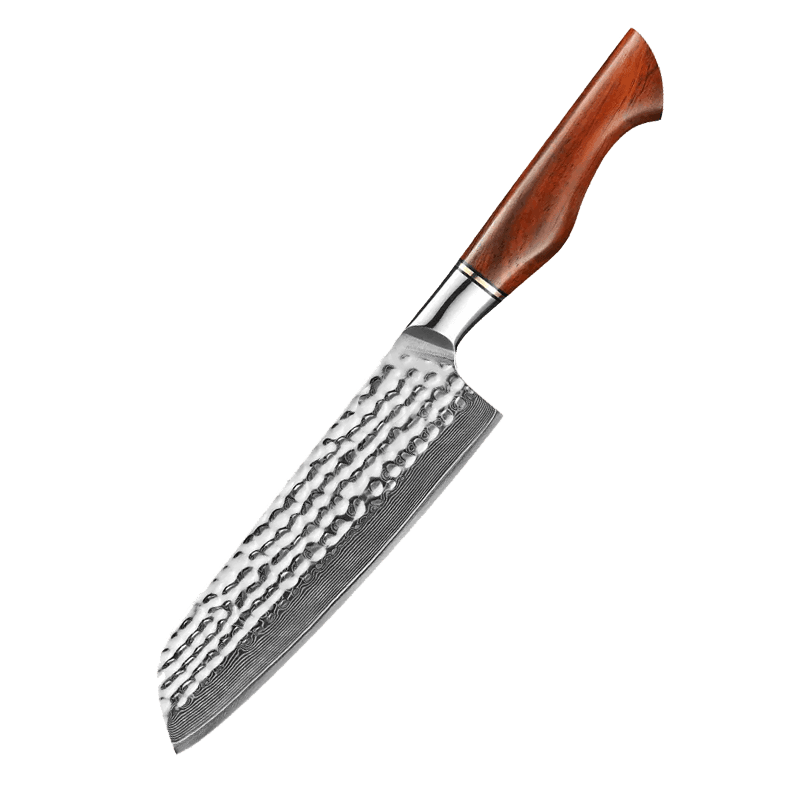 Kama Itachi Santoku 180 mm japansk allround kokkekniv i damaskus med tsuchime hamret look