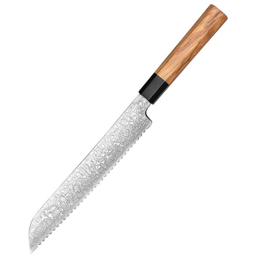 Ushi Yuki-onna brødkniv 220 mm i damaskusstål med oliventræ-skæfte